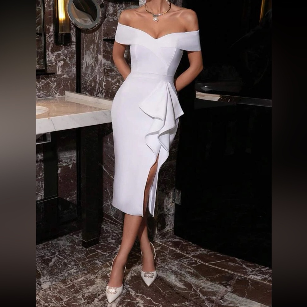 Off Shoulder Ruffle Trim Backless Split Thigh Dre… - image 1